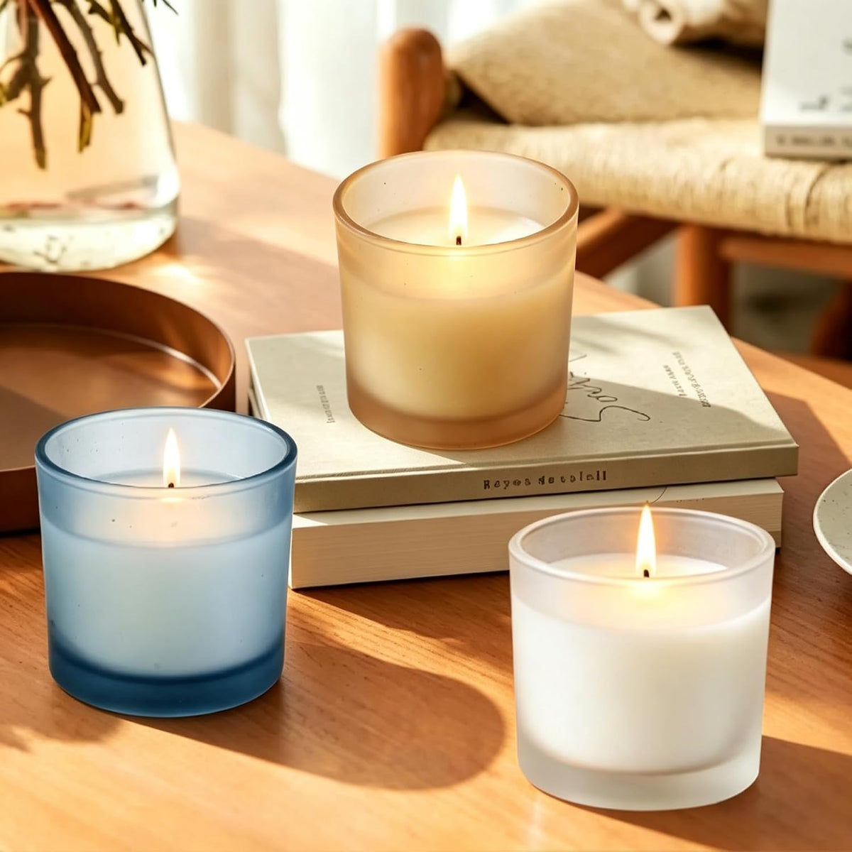 Set of 4 White Unscented Soy Candles, Light Blue Glass Mini Votive Candles, Hand-Poured Wax Candles for Home Décor, Aromatherapy, Spa, Holidays, Parties, and Weddings 10-12 Hours Burn Time