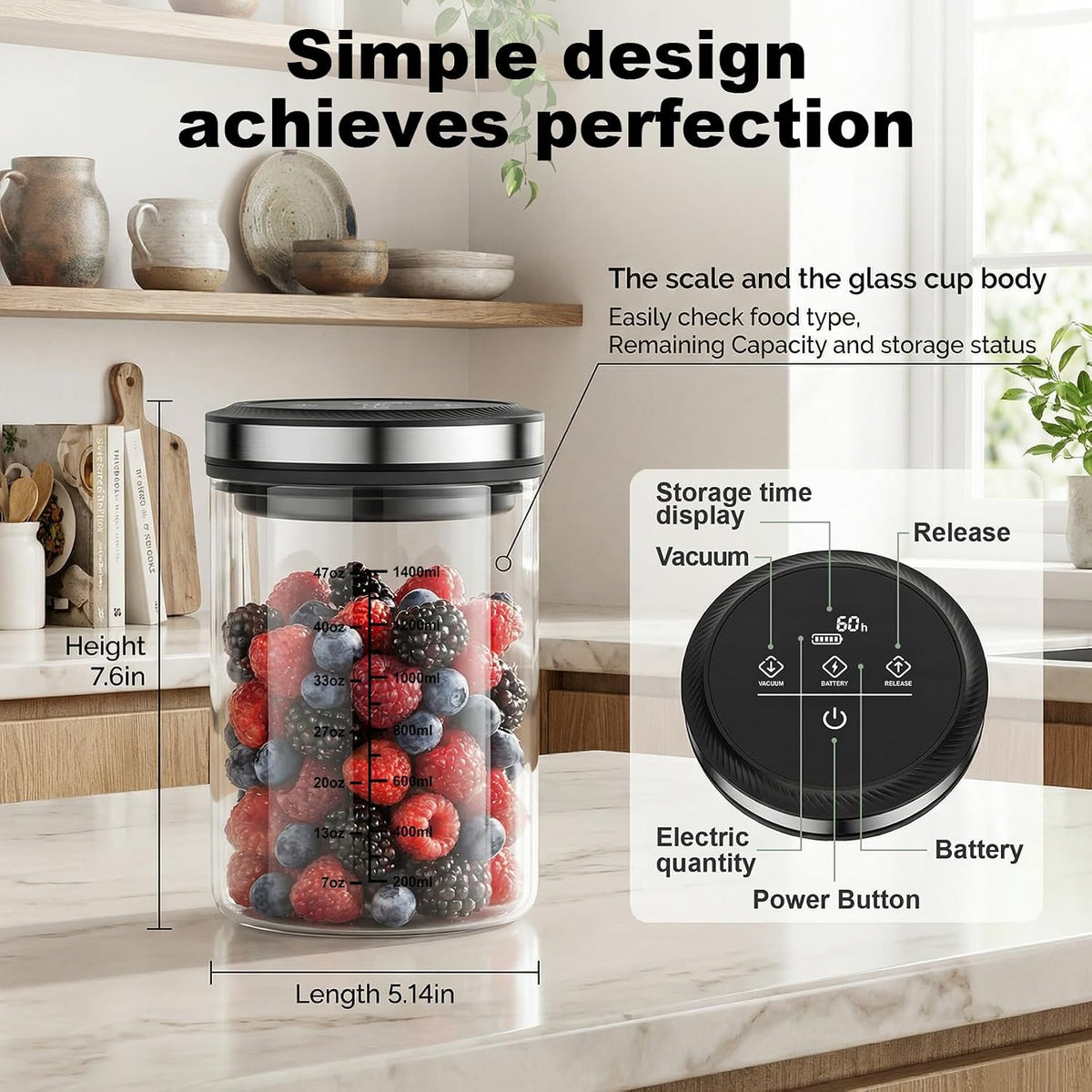 Airtight Vacuum Coffee Canister 1.6L with Time Display