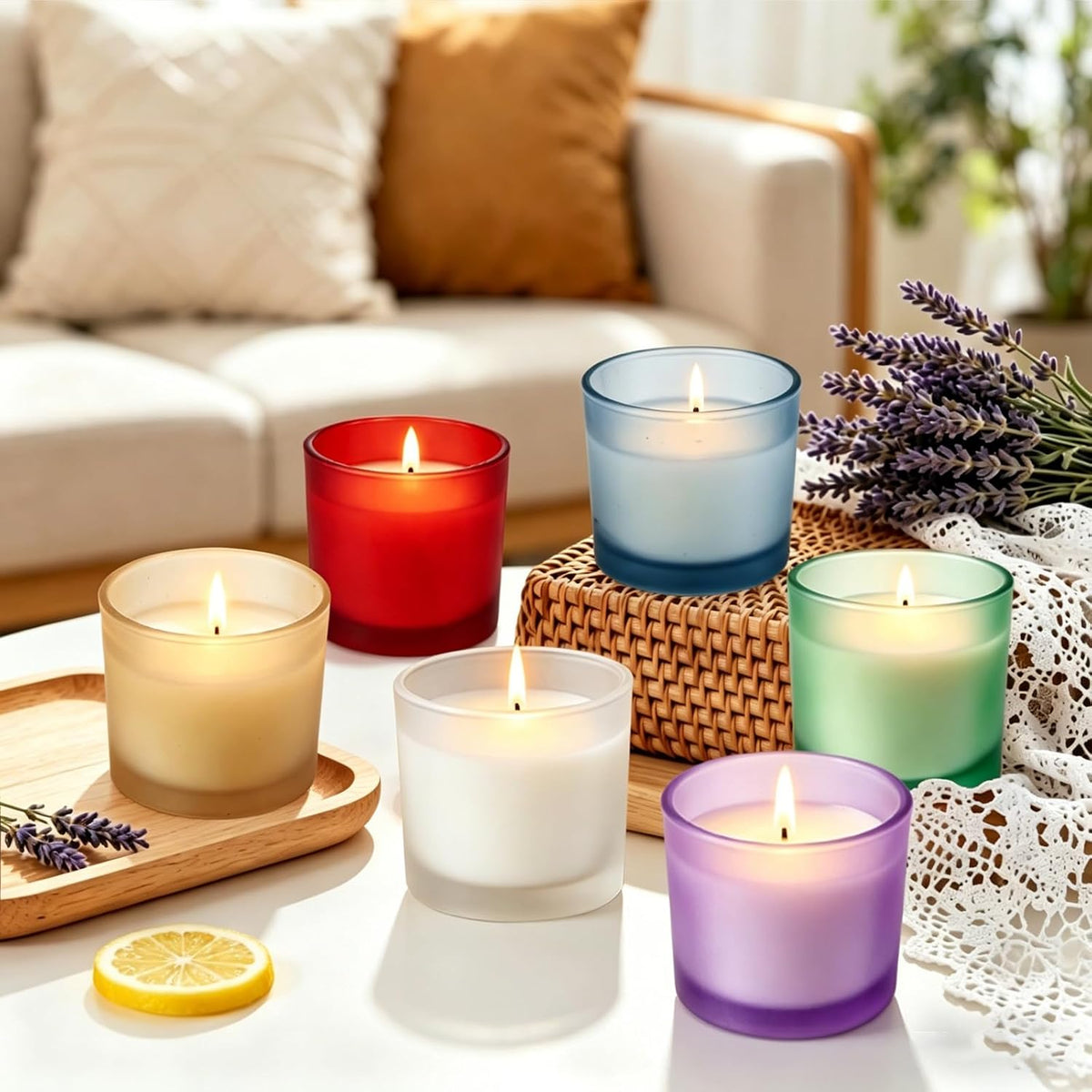 Set of 4 White Unscented Soy Candles, Light Blue Glass Mini Votive Candles, Hand-Poured Wax Candles for Home Décor, Aromatherapy, Spa, Holidays, Parties, and Weddings 10-12 Hours Burn Time