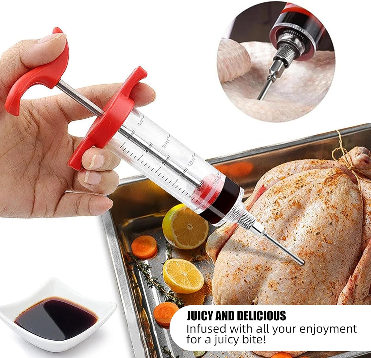 Meat Injector Syringe Marinade Injector for BBQ Grill, Premium Portable Turkey Injector Kit for Smoker,Marinades Injector for Meats with 1Oz Large Capacity 1 Brush Easy to Use & Clean Red
