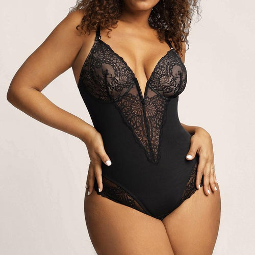 Popilush Deep-V Neck Built-In Shaper Lace Bodysuit - Live Elegant Adjustable