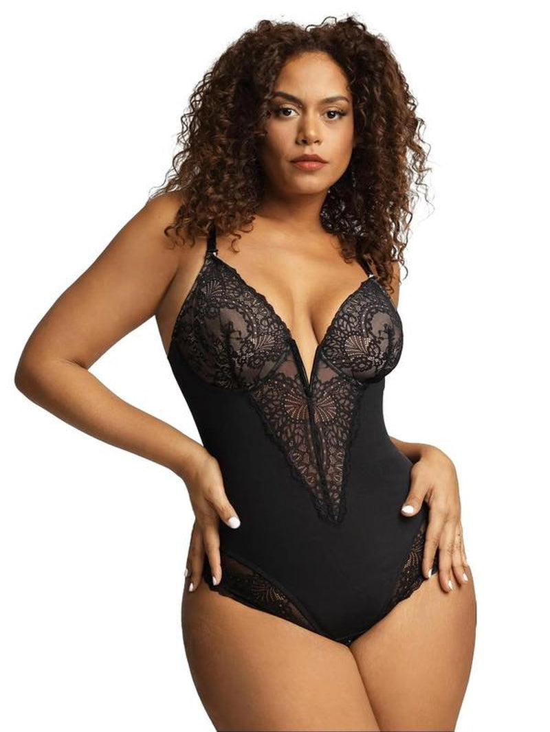 Popilush Deep-V Neck Built-In Shaper Lace Bodysuit - Live Elegant Adjustable