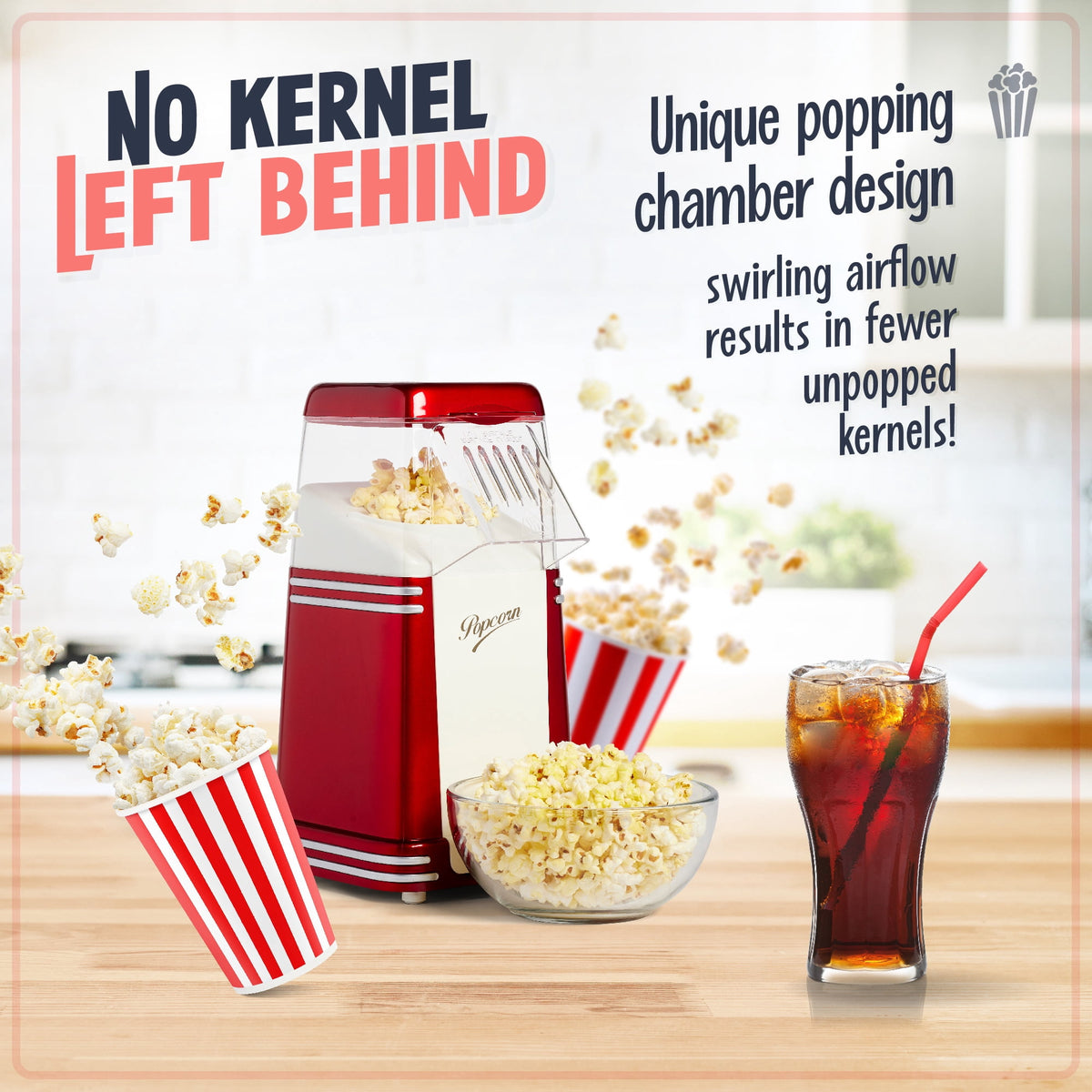 Hot Air Popcorn Maker, 8-Cup Countertop Popcorn Machine with Measuring Cup, Red
