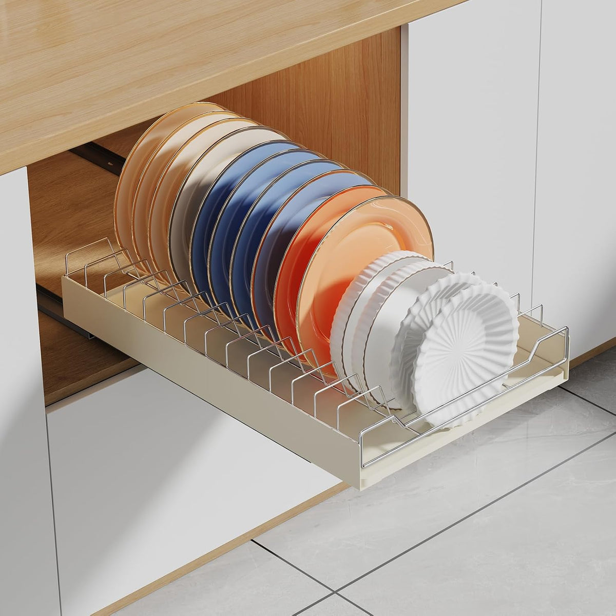 Pull Out Cabinet Organizer, Extendable Slide Out Dish Drying Rack Fixed with Adhesive Film for Kitchen Cabinets, Pull Out Drawer for Kitchen under Sink Storage