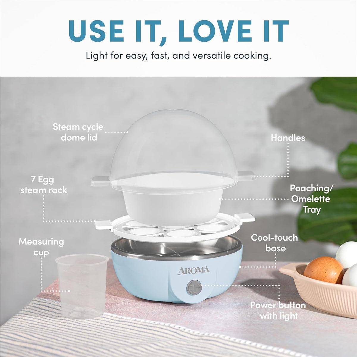 ® Overly Easy Egg Cooker, Steamer, and Electric Egg Poacher | XL Capacity Egg Steamer Fits 7 Eggs, Blue