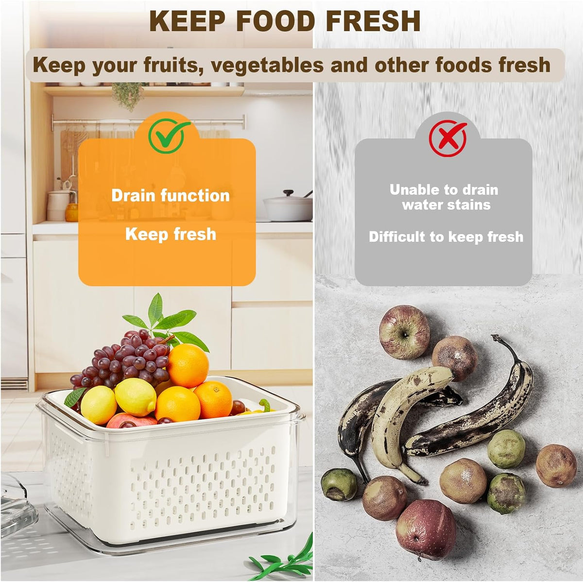 Fruit Storage Containers for Fridge 4 Pcs with Drain Basket