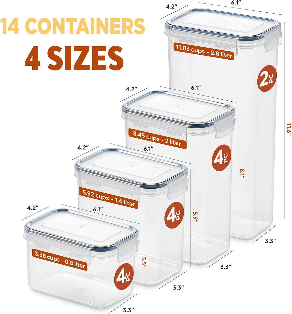 14 Pack Airtight Food Storage Container Set - BPA Free Clear Plastic Kitchen and Pantry Organization Canisters with Durable Lids for Cereal, Dry Food Flour & Sugar - Labels, Marker & Spoon Set