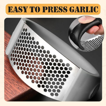 Garlic Press Rocker, Portable Manual Stainless Steel Garlic Press Rocker Crusher Masher with Garlic Peeling Drum for Home Kitchen Utensils Garlic Crusher (2)
