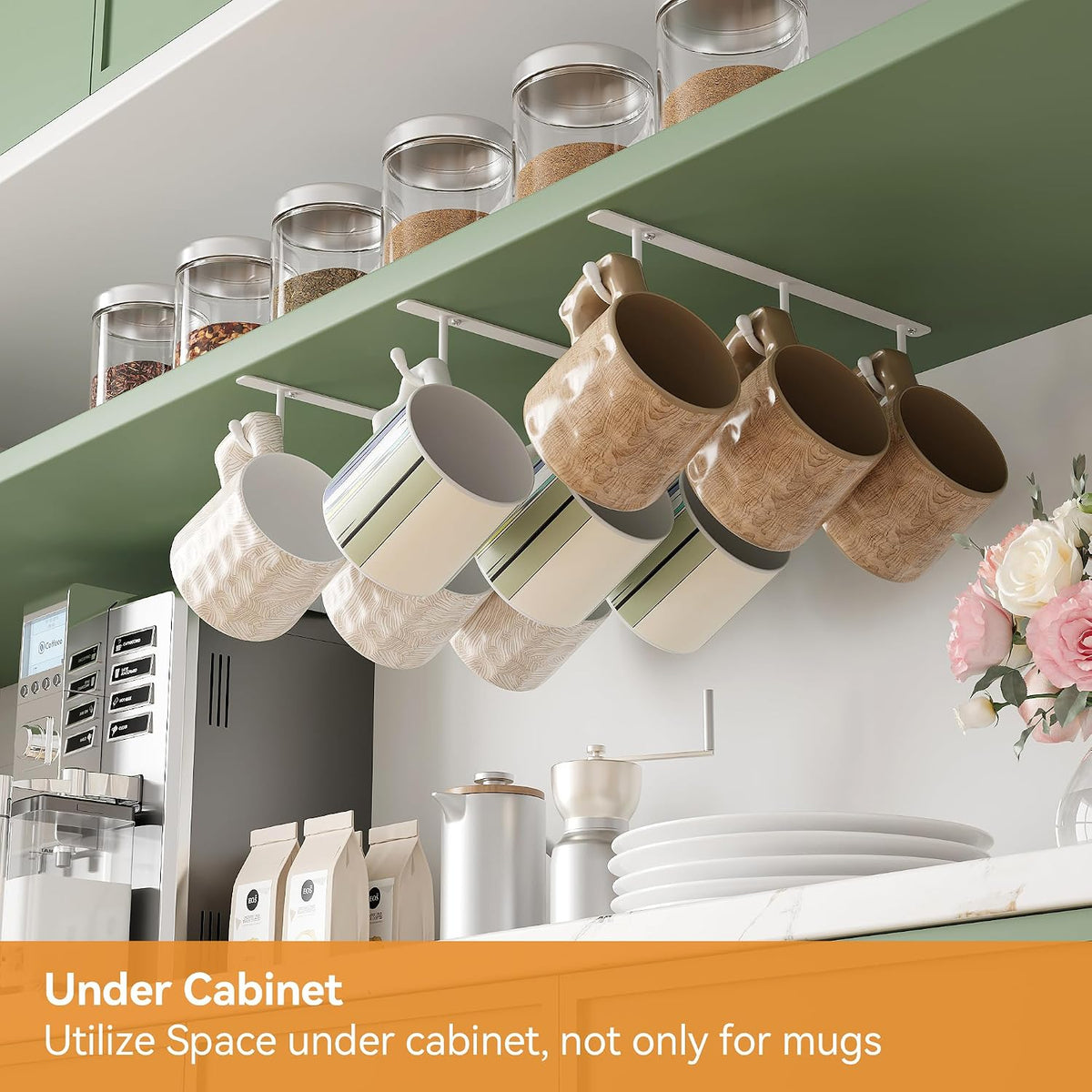 Coffee Mug Holder Screw Mounting, 3 Pack Coffee Cup Holder with 9 Hooks, Sturdy Mug Hooks under Cabinet with Wide Hook Spacing
