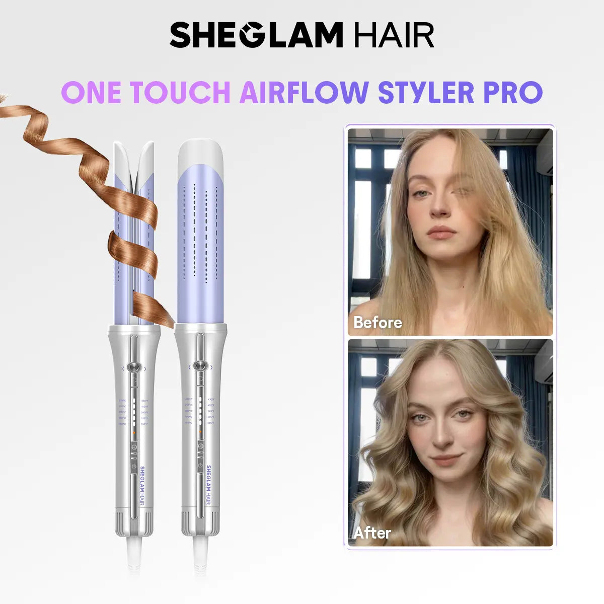 SHEGLAM HAIR One Touch Airflow Styler Pro-Silver Purple,Cool Air Auto-Rotating Curling Iron,5 Min Quick Styling,360° Cooling Airflow One Touch Operation Long-Lasting Results,5 Temps & Anti-Scald,Auto Off-Long Hair & All Hair Types- US Plug-Coachella