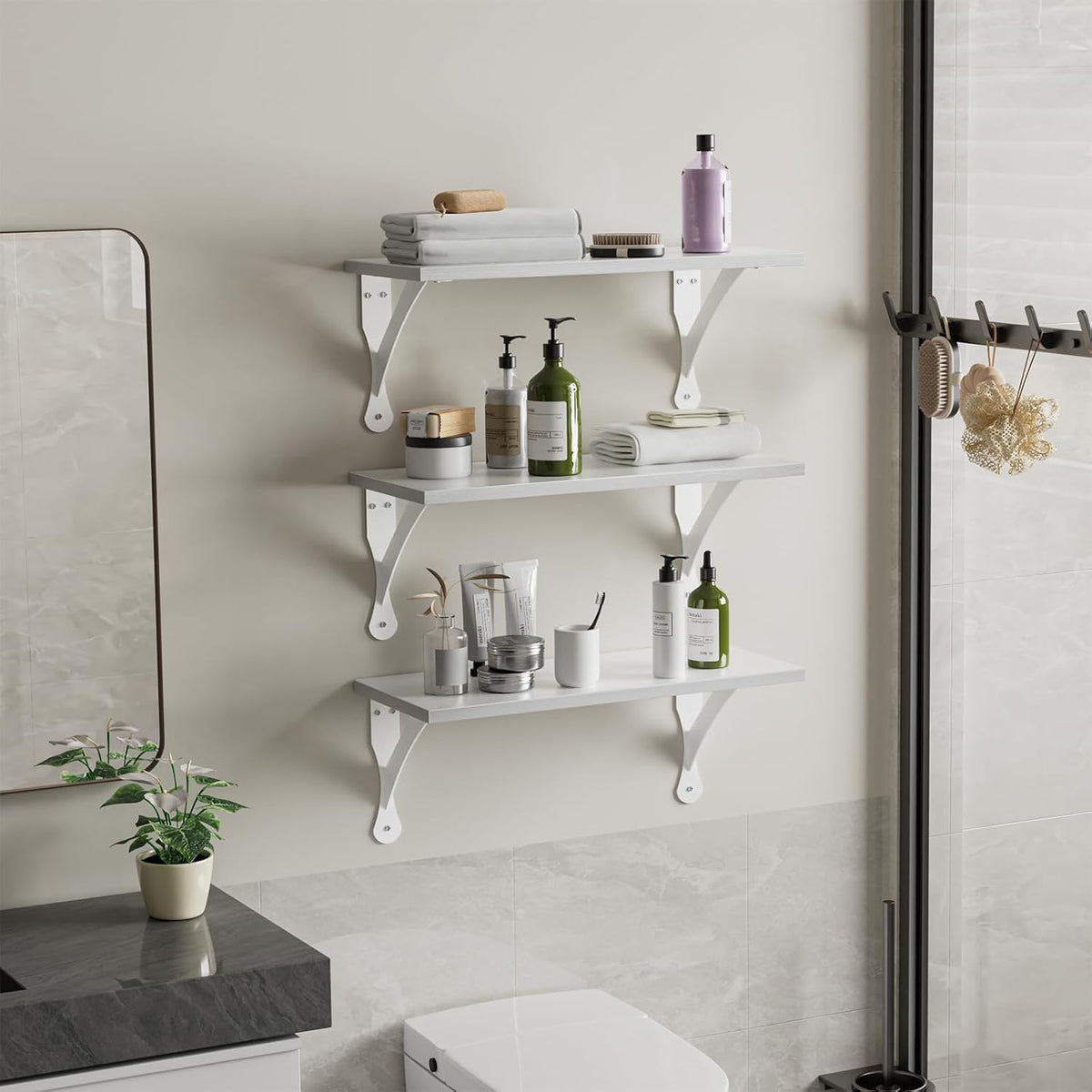 Wood Floating Shelves Set of 3, Wide Display Shelf Wall Mounted with Brackets, Easy Hanging Floating Shelves for Bedroom, Kitchen, Living Room, Bathroom (White)