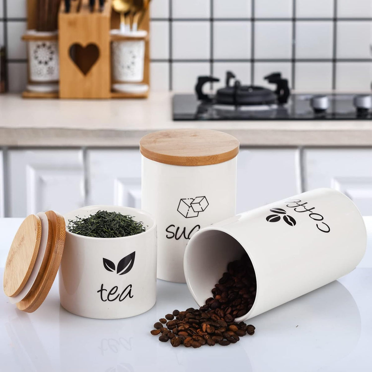 3 Pack Ceramic Canister Set, 30/22/12 OZ Kitchen Airtight Food Storage Jar with Bamboo Lids, Coffee Sugar Tea Storage Containers Pots Jars for Counter, Farmhouse Kitchen Decor, White