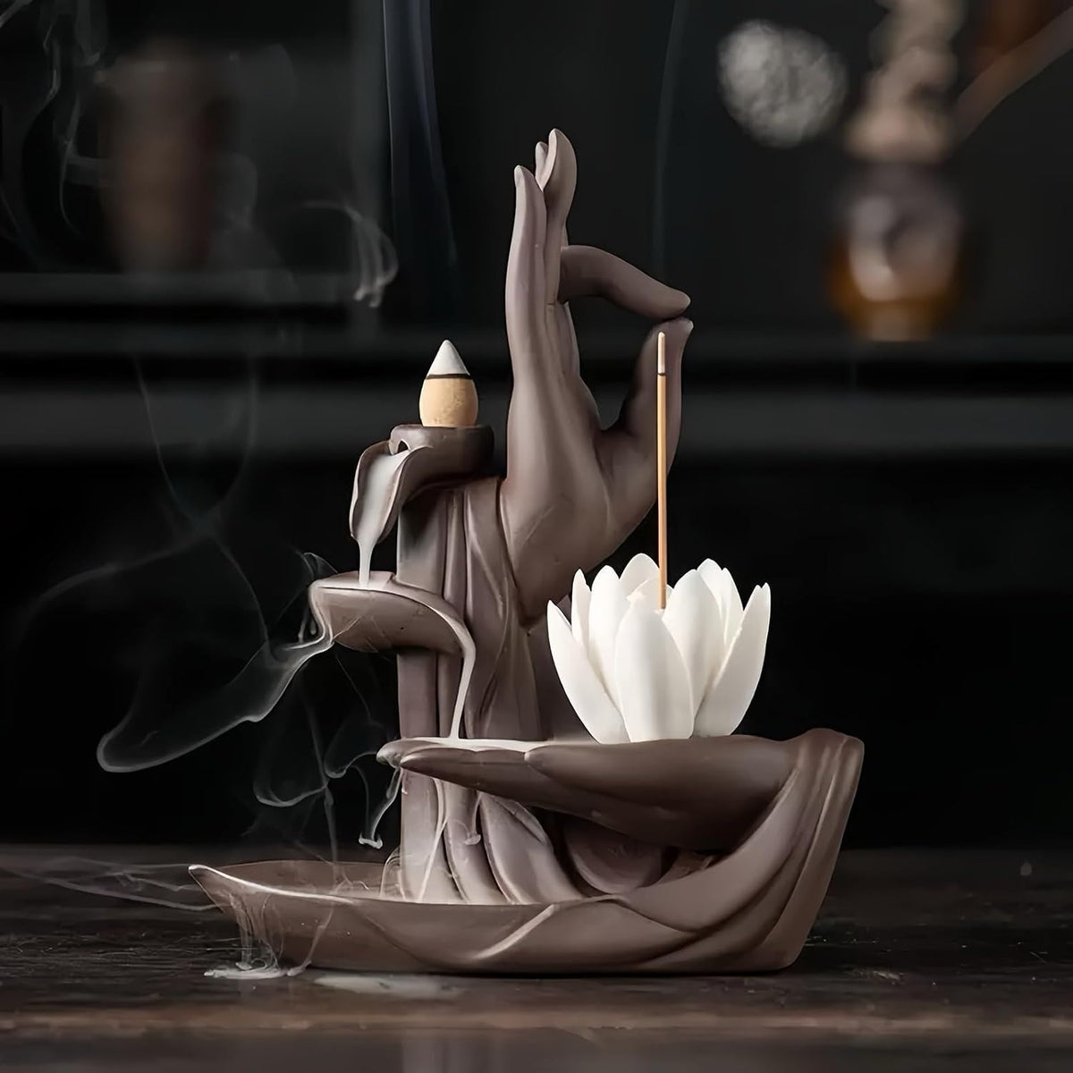 Lotus Hand Backflow Incense Burner– Ceramic Cones Incense Holder Waterfall Incense Burner & Incense Waterfall Fountain for Zen Decor Backflow Incense Cone Burner