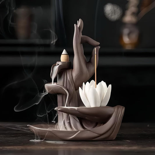Lotus Hand Backflow Incense Burner– Ceramic Cones Incense Holder Waterfall Incense Burner & Incense Waterfall Fountain for Zen Decor Backflow Incense Cone Burner
