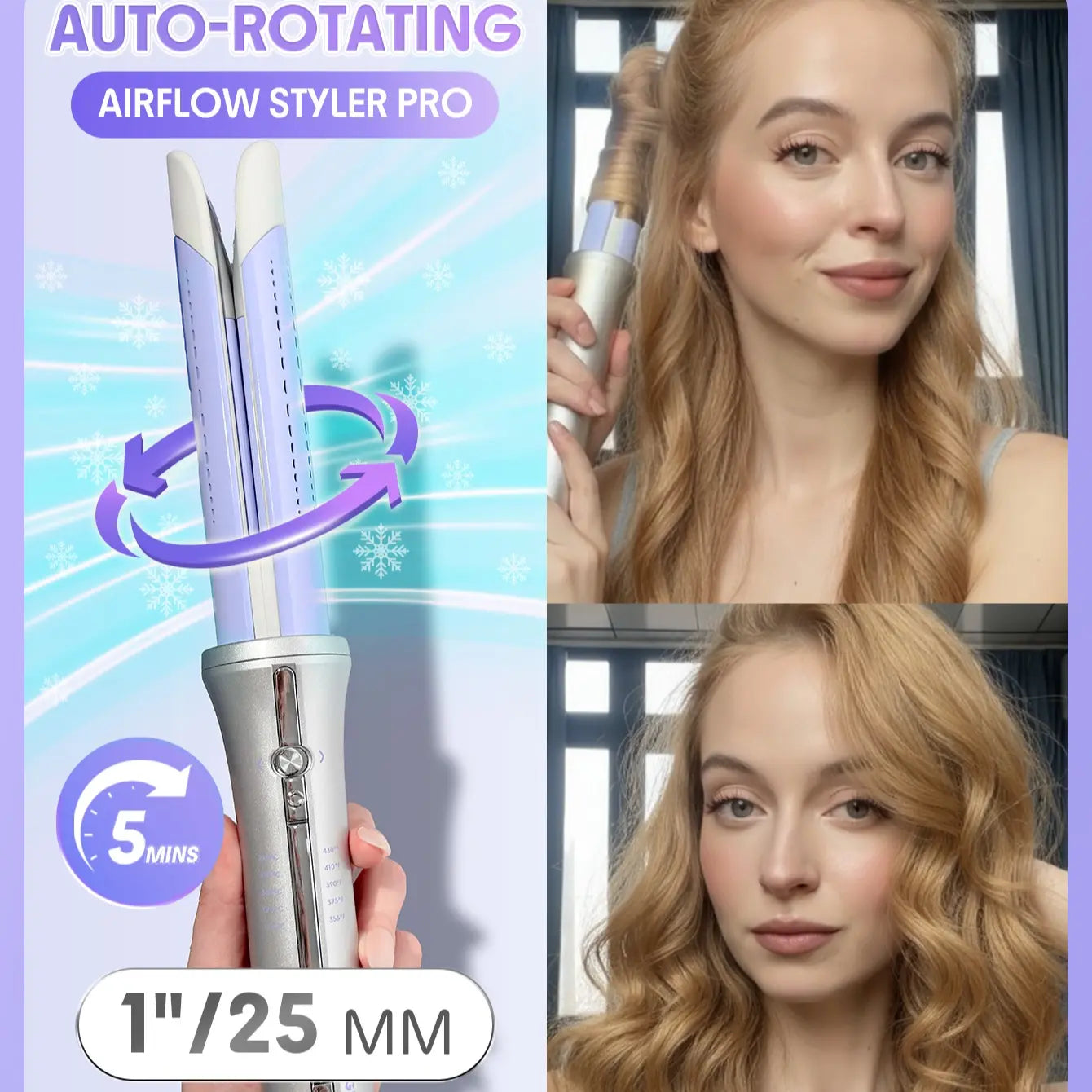 SHEGLAM HAIR One Touch Airflow Styler Pro-Silver Purple,Cool Air Auto-Rotating Curling Iron,5 Min Quick Styling,360° Cooling Airflow One Touch Operation Long-Lasting Results,5 Temps & Anti-Scald,Auto Off-Long Hair & All Hair Types- US Plug-Coachella