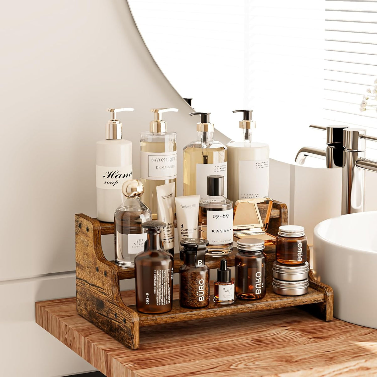 3-Tier Spice Rack, 13.8 Inch Wood Step Shelf Countertop Spice Storage Holder, Kitchen Pantry Cabinet Organizer Cupboard for Spice Bottles, Jars, Seasonings, Baking Supplies,Bathroom Organizer