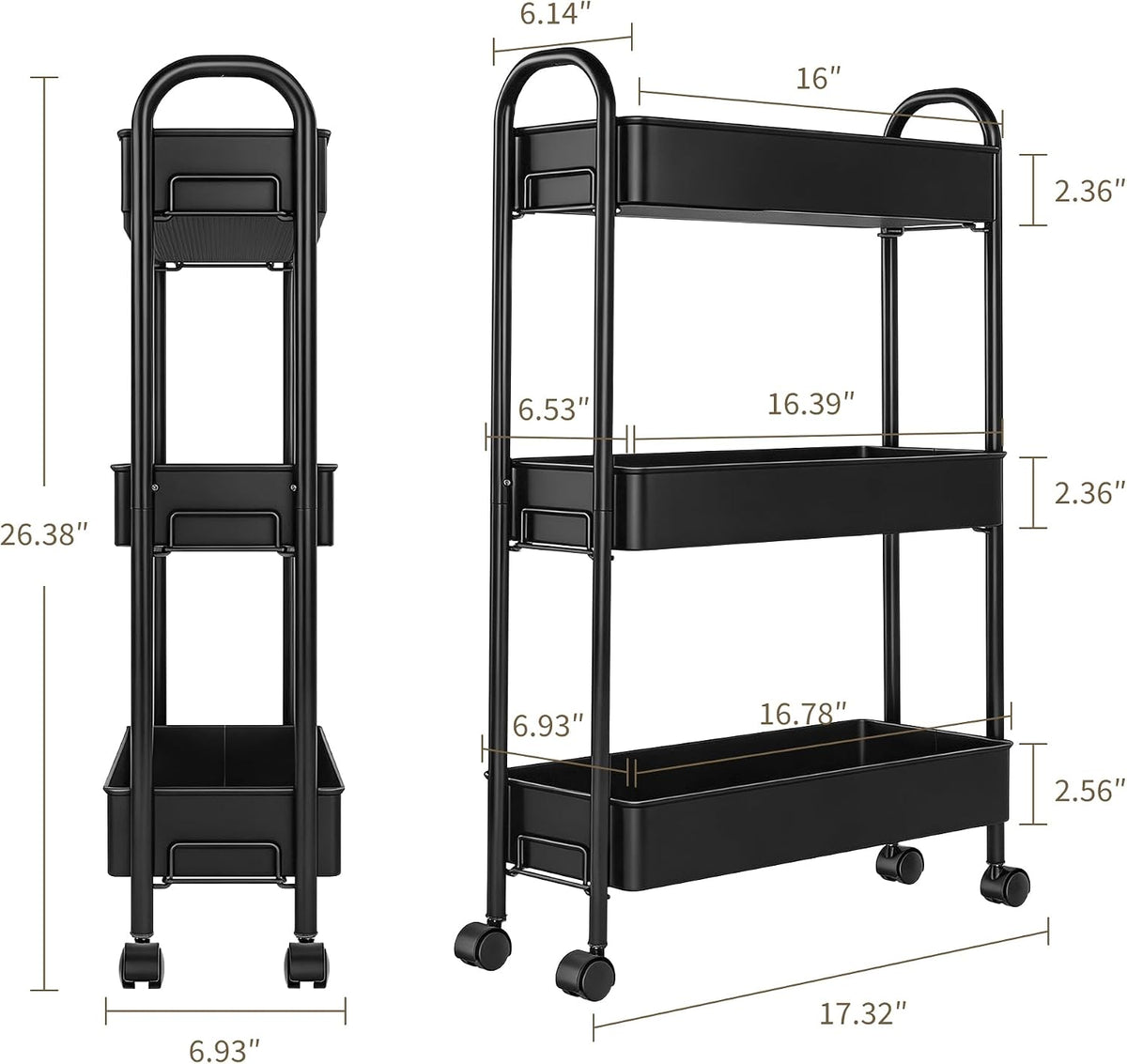 Slim Rolling Cart, Metal Frame Utility Rolling 3-Tier Narrow Storage Cart