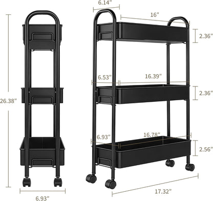 Slim Rolling Cart, Metal Frame Utility Rolling 3-Tier Narrow Storage Cart