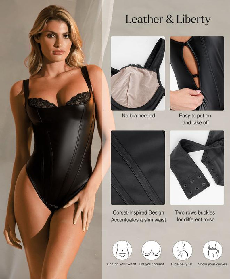 Popilush Faux Leather Corset Top Bodysuit Lingerie Lace Trim Shapewear Tummy Control Bustier Sleeveless#Fallfreshness #Tiktokshoplabordaysale