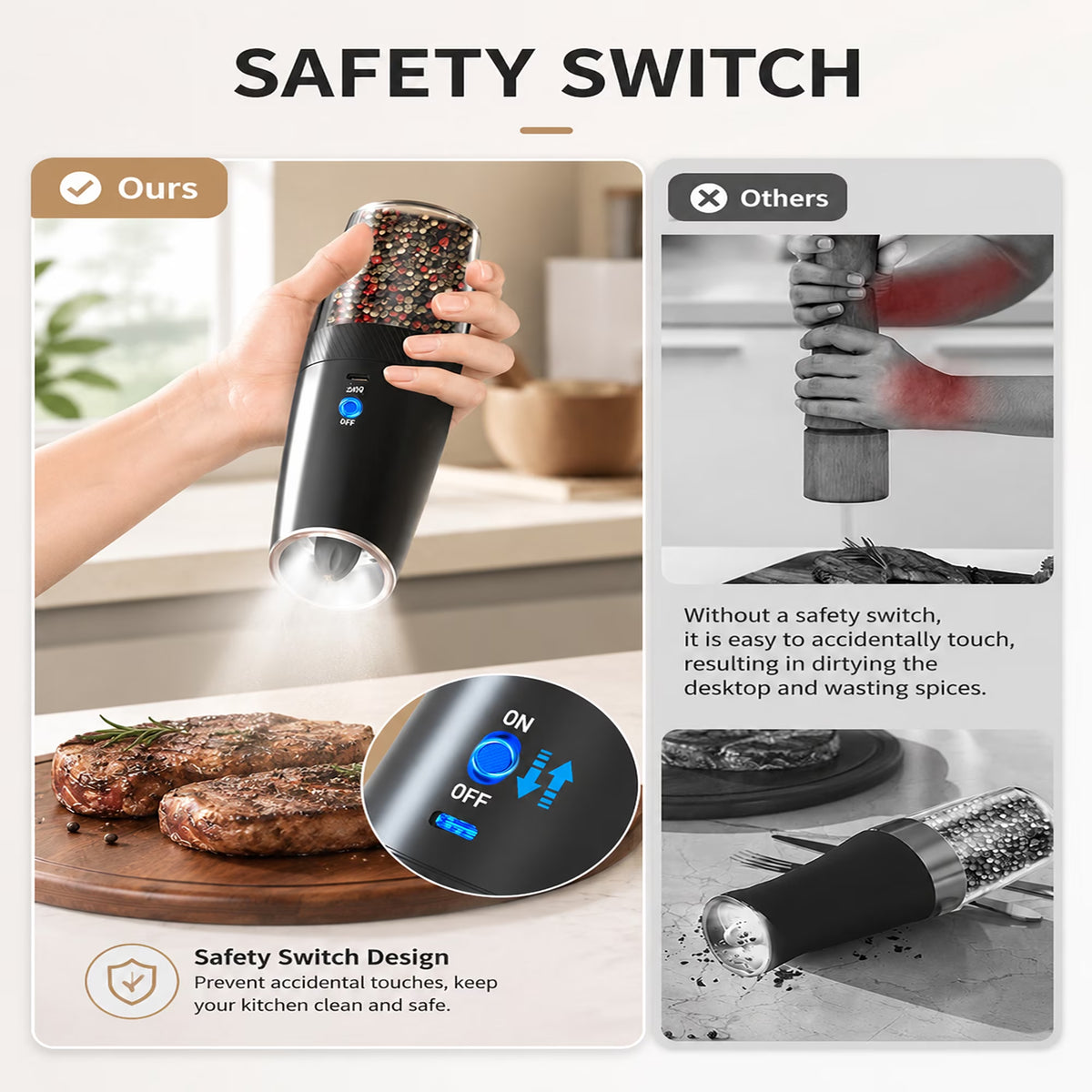 Rechargeable Electric Salt and Pepper Grinder Set Gravity Salt and Pepper Mills Set with LED Light, No Battery Needed, Adjustable Coarseness, Washable 135Ml Container