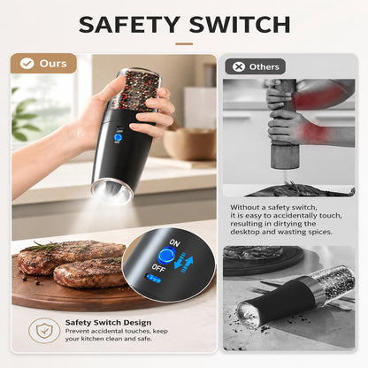 Rechargeable Electric Salt and Pepper Grinder Set Gravity Salt and Pepper Mills Set with LED Light, No Battery Needed, Adjustable Coarseness, Washable 135Ml Container