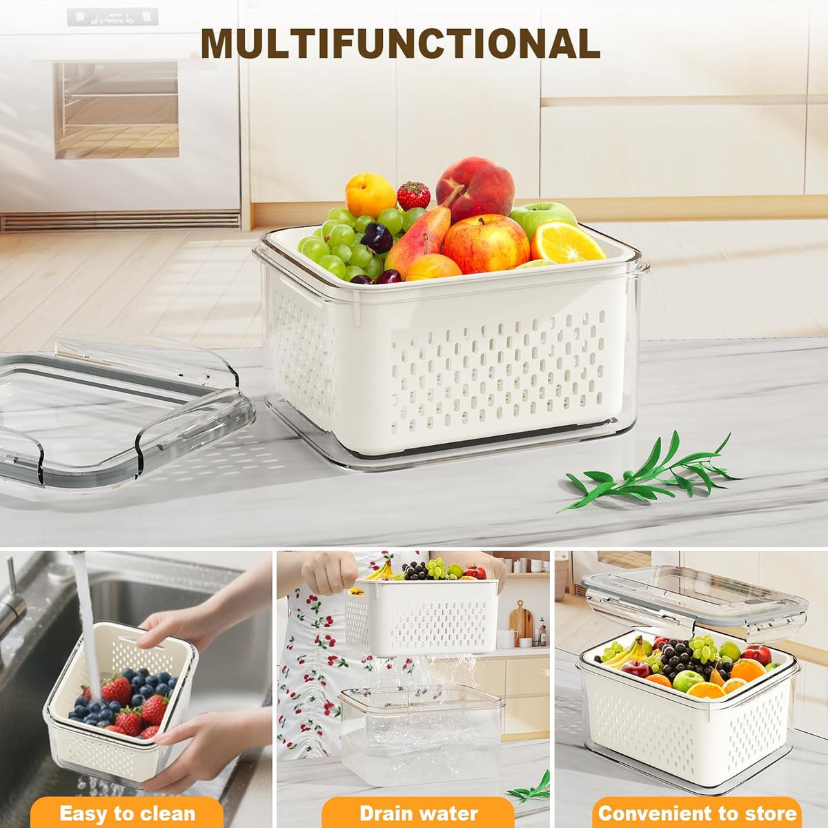 Fruit Storage Containers for Fridge 4 Pcs with Drain Basket