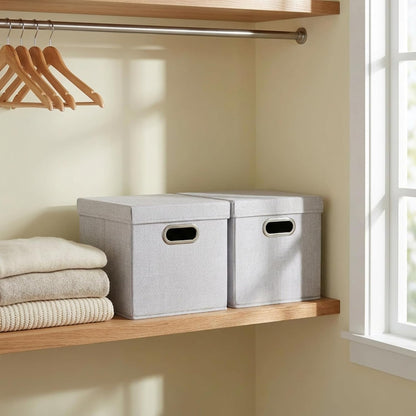 804-1 Café Cube Bin Storage Set with Lids and Handles | 2 Pack | Silver Linen