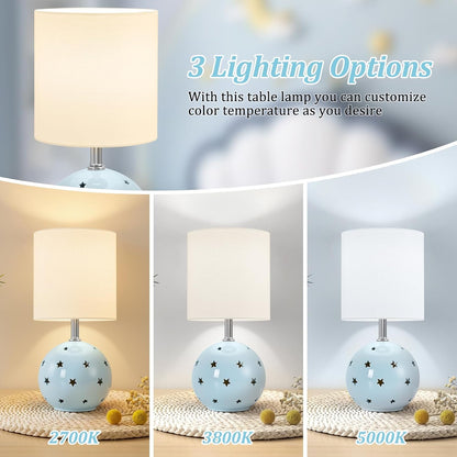 Small Table Lamp, 14" Blue Ceramic Bedside Lamp for Girls Kids Bedroom,Dorm