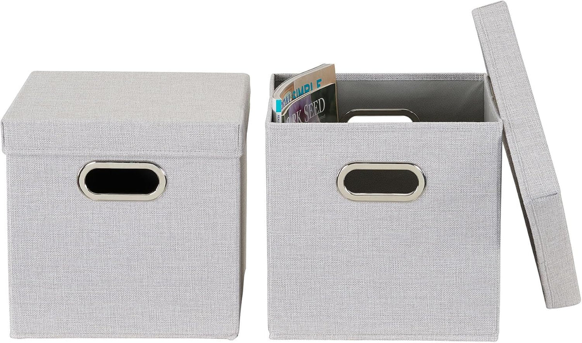 804-1 Café Cube Bin Storage Set with Lids and Handles | 2 Pack | Silver Linen