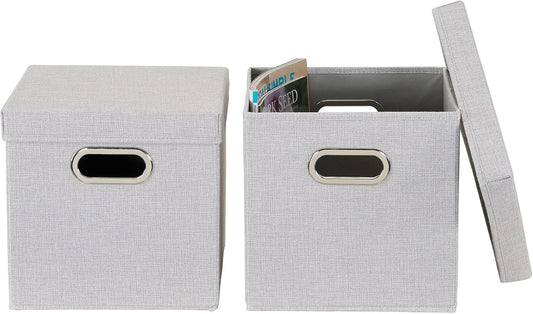 804-1 Café Cube Bin Storage Set with Lids and Handles | 2 Pack | Silver Linen