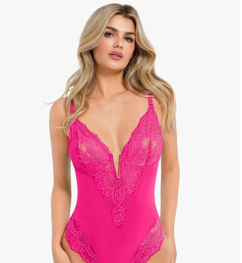 Popilush Deep-V Neck Built-In Shaper Lace Bodysuit - Live Elegant Adjustable