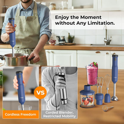 6-In-1 Multi-Speed Cordless Rechargeable Immersion Hand Blender, Heavy Duty Motor - Stick Blender, Beaker, Whisk, Chopper, Dual Beater, Milk Frother - for Smoothies, Baby Food, Soup - Blue