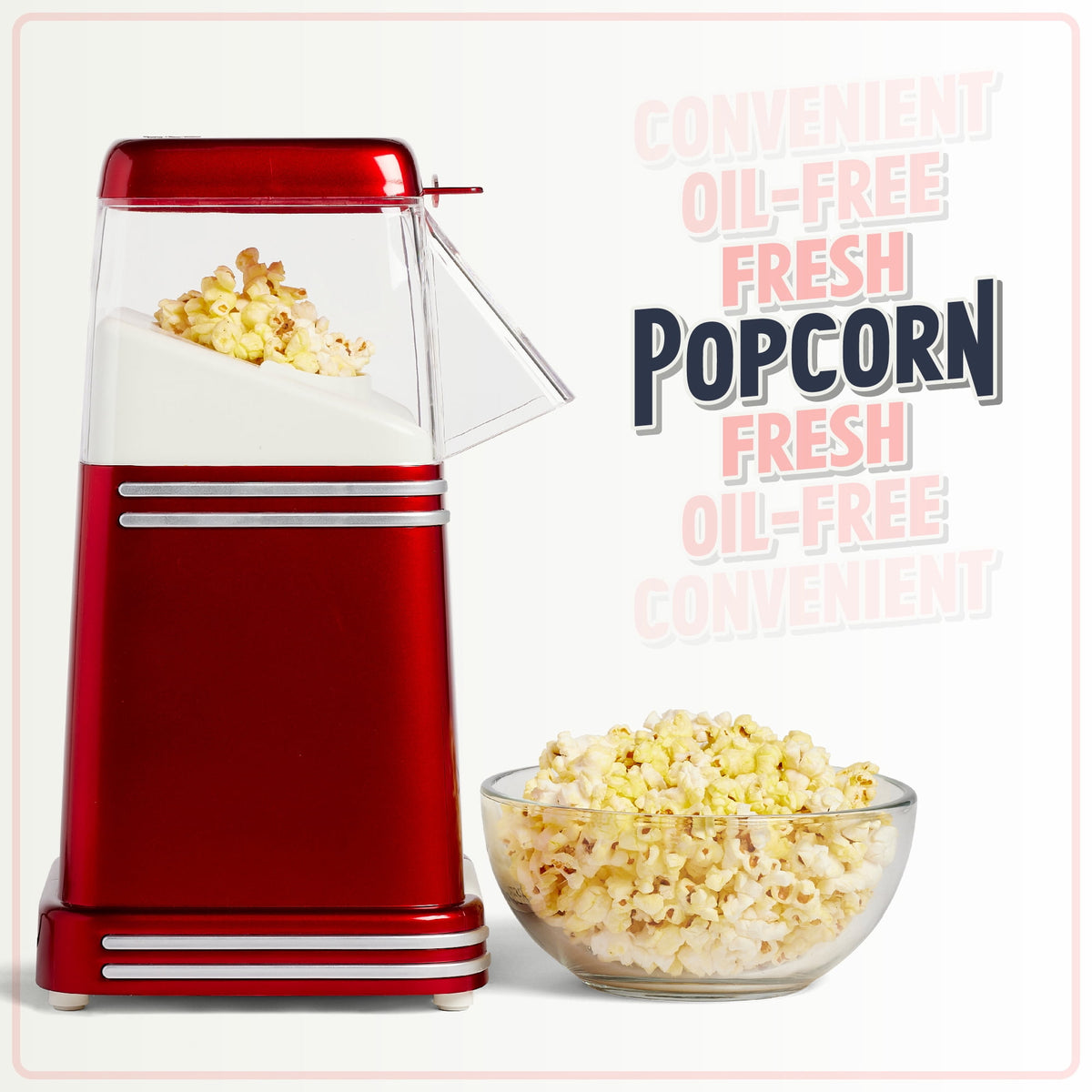 Hot Air Popcorn Maker, 8-Cup Countertop Popcorn Machine with Measuring Cup, Red