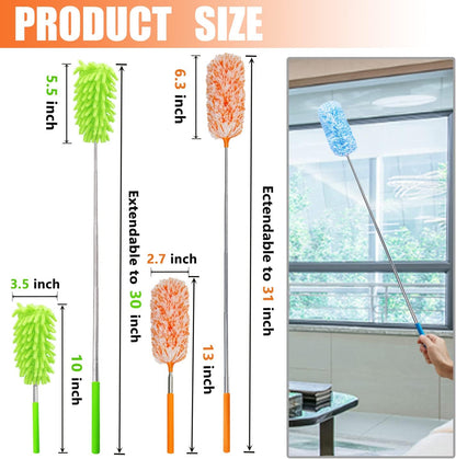 4 Pcs Extendable and Washable Microfibre Feather Duster,13" to 30" Reachable, Microfibre Cleaning Tool, Small Dusters for Cleaning Office, Car, Computer, Furniture, Sofa