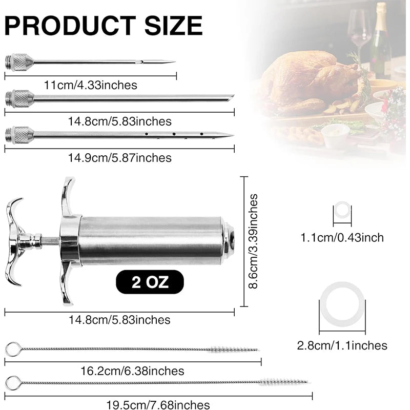 2 Oz Meat Injector Syringe Kit with 3 Marinade Needles Stainless Steel Meat Injector for BBQ Grill Smoker Beef JT334