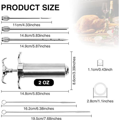 2 Oz Meat Injector Syringe Kit with 3 Marinade Needles Stainless Steel Meat Injector for BBQ Grill Smoker Beef JT334