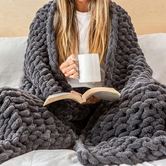 Chunky Knit Throw Blanket 50X70, Graphite Gray Chenille Throw Blanket for Couch Bed Sofa, Soft Fluffy Cable Knit Blanket, Oeko-Tex Certified, Machine Washable