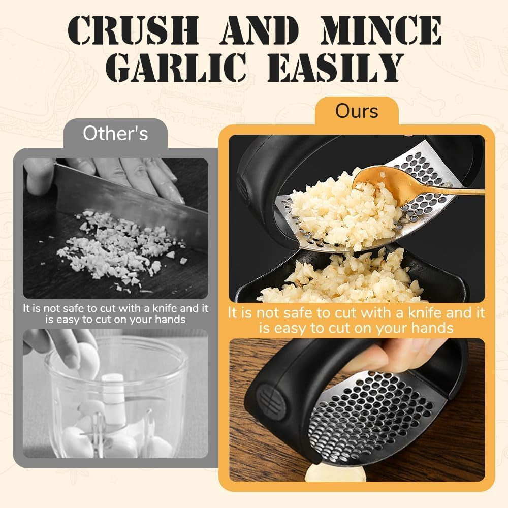 Garlic Press Rocker, Portable Manual Stainless Steel Garlic Press Rocker Crusher Masher with Garlic Peeling Drum for Home Kitchen Utensils Garlic Crusher (2)