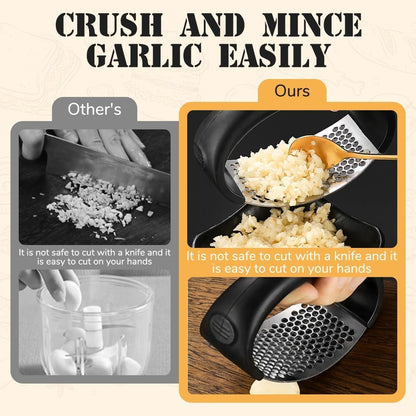 Garlic Press Rocker, Portable Manual Stainless Steel Garlic Press Rocker Crusher Masher with Garlic Peeling Drum for Home Kitchen Utensils Garlic Crusher (2)
