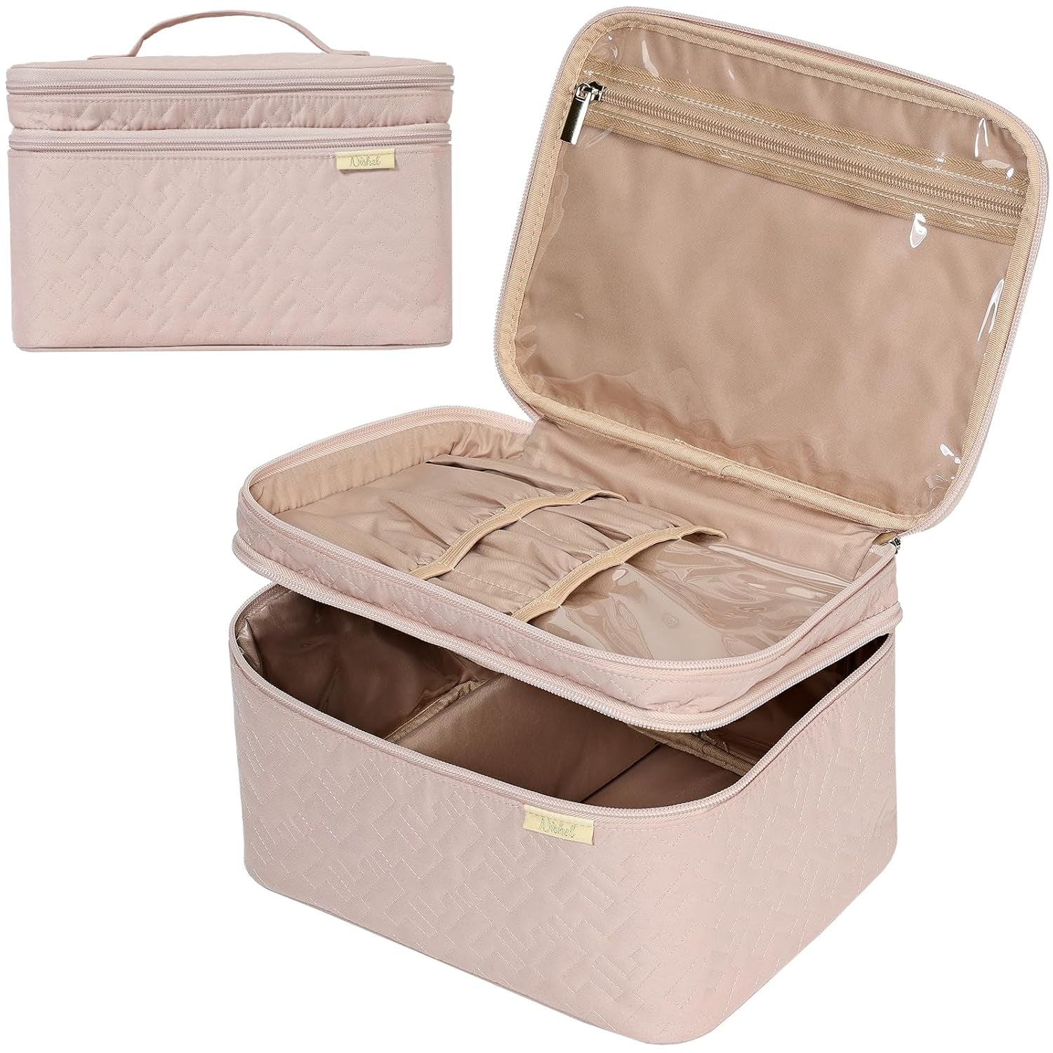 Large Double Layer Travel Makeup Bag Women, Cosmetic Case, Organizer for Travel-Size Accessories Bottles, Brushes, Conditioner, and Skin Care Products, Pink