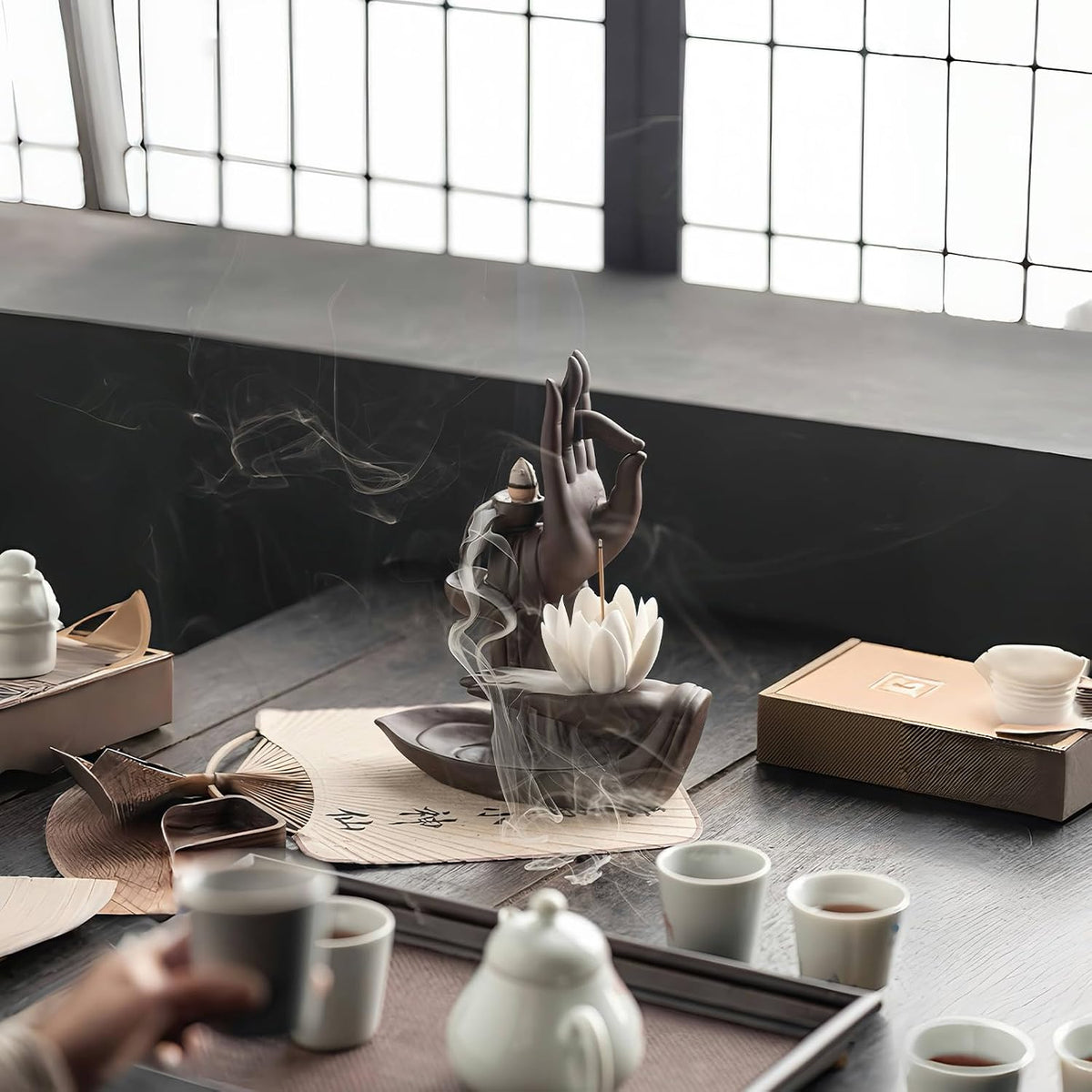 Lotus Hand Backflow Incense Burner– Ceramic Cones Incense Holder Waterfall Incense Burner & Incense Waterfall Fountain for Zen Decor Backflow Incense Cone Burner