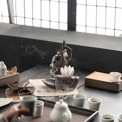 Lotus Hand Backflow Incense Burner– Ceramic Cones Incense Holder Waterfall Incense Burner & Incense Waterfall Fountain for Zen Decor Backflow Incense Cone Burner