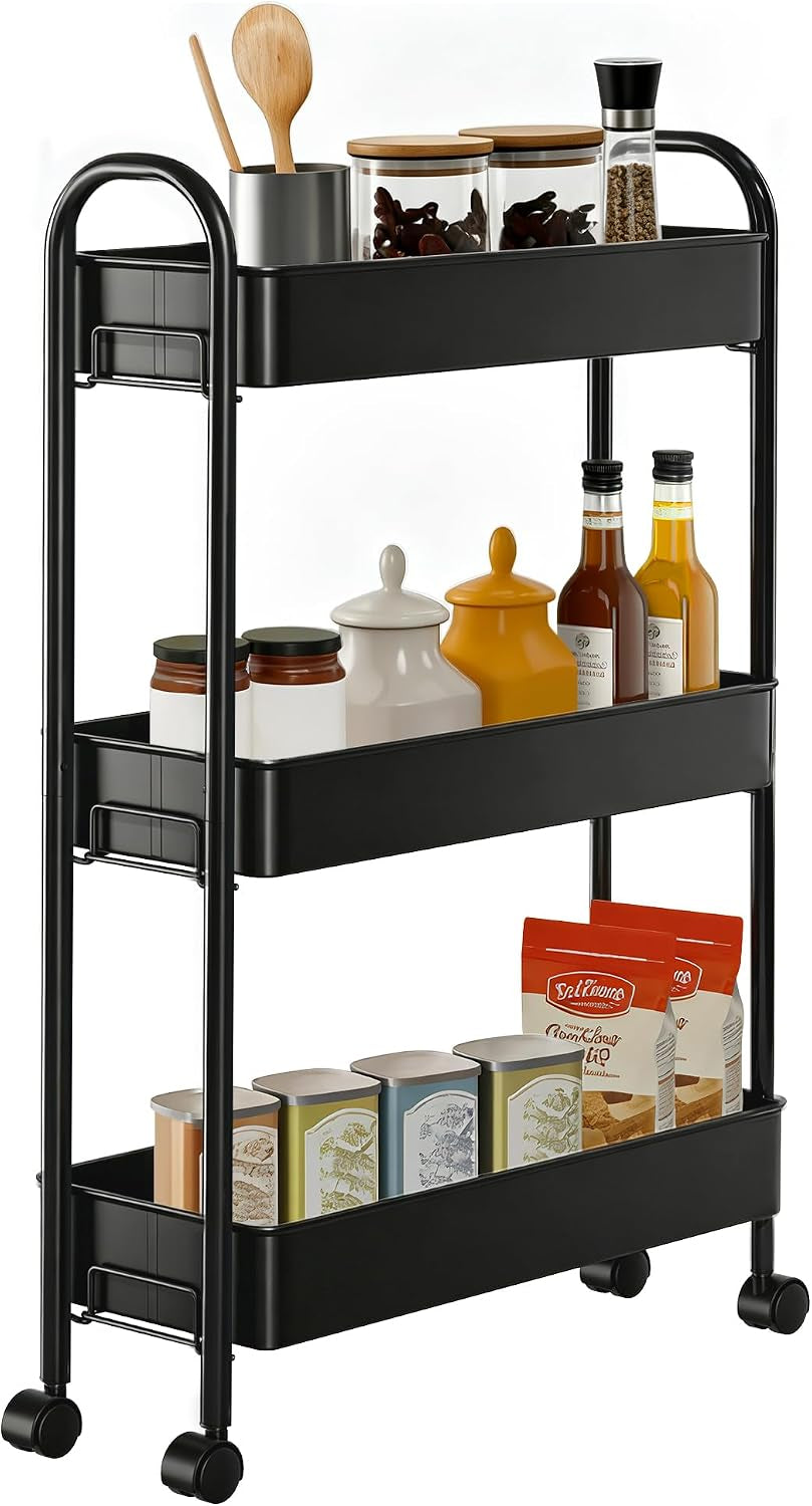 Slim Rolling Cart, Metal Frame Utility Rolling 3-Tier Narrow Storage Cart