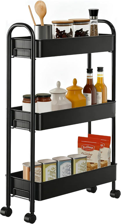 Slim Rolling Cart, Metal Frame Utility Rolling 3-Tier Narrow Storage Cart