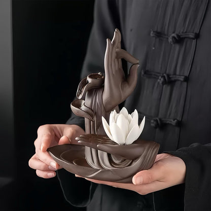 Lotus Hand Backflow Incense Burner– Ceramic Cones Incense Holder Waterfall Incense Burner & Incense Waterfall Fountain for Zen Decor Backflow Incense Cone Burner