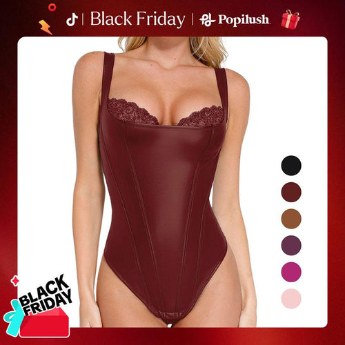 Popilush Faux Leather Corset Top Bodysuit Lingerie Lace Trim Shapewear Tummy Control Bustier Sleeveless#Fallfreshness #Tiktokshoplabordaysale