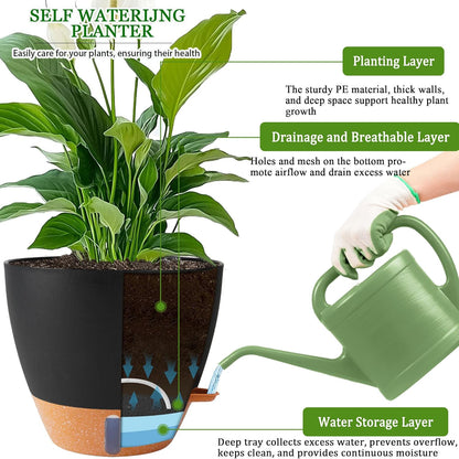 2 Pack 10 Inch Plant Pots, Plastic Self Watering Planters