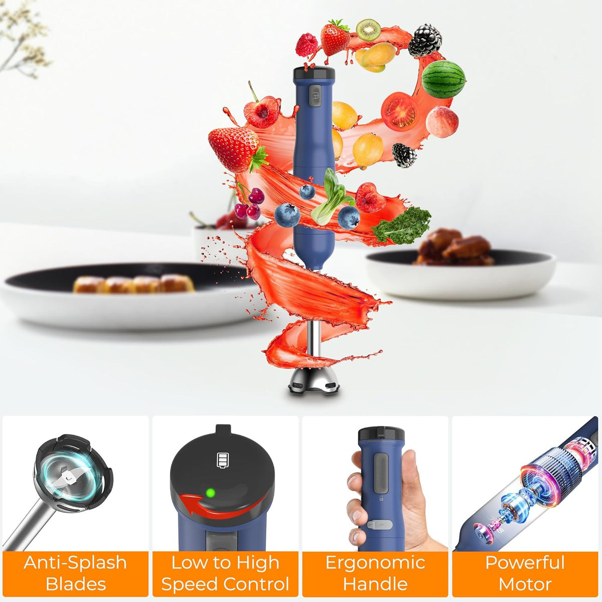 6-In-1 Multi-Speed Cordless Rechargeable Immersion Hand Blender, Heavy Duty Motor - Stick Blender, Beaker, Whisk, Chopper, Dual Beater, Milk Frother - for Smoothies, Baby Food, Soup - Blue
