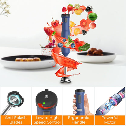 6-In-1 Multi-Speed Cordless Rechargeable Immersion Hand Blender, Heavy Duty Motor - Stick Blender, Beaker, Whisk, Chopper, Dual Beater, Milk Frother - for Smoothies, Baby Food, Soup - Blue