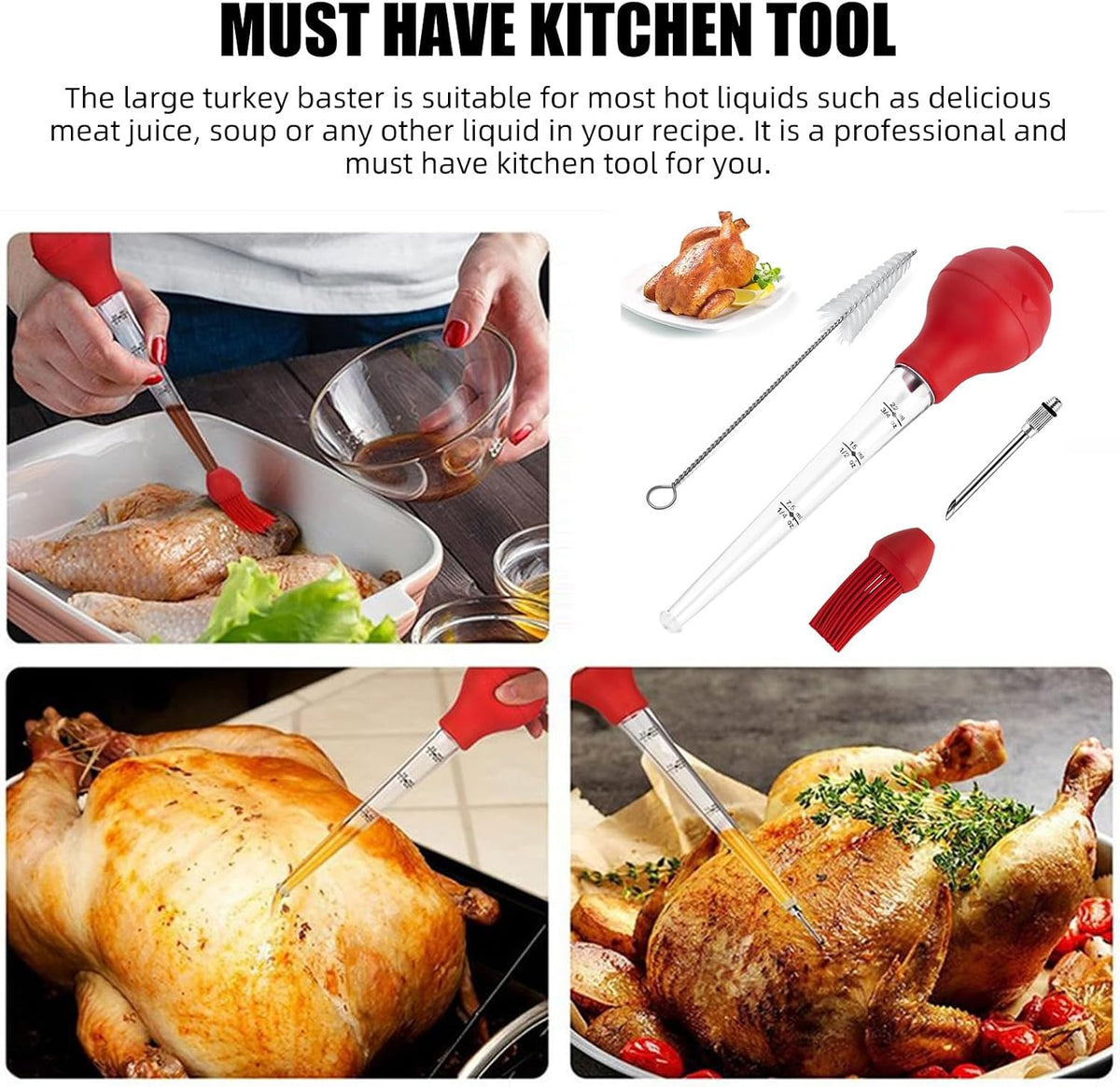 Meat Injector Syringe Marinade Injector for BBQ Grill, Premium Portable Turkey Injector Kit for Smoker,Marinades Injector for Meats with 1Oz Large Capacity 1 Brush Easy to Use & Clean Red